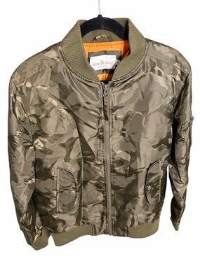 Seize & Desist Men's Olive Camo Bomber Jacket with Orange Lining